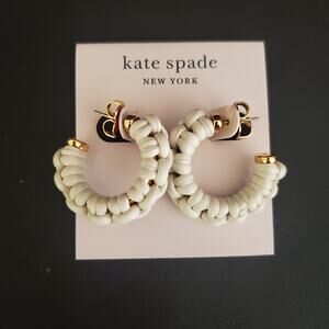 Kate Spade Small‎ Bohomea Earrings Gold Tone White Leather Wrapped C Hoop NWT
